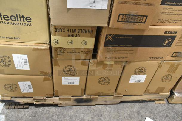 Boxes of 47 brand new items, including Lucia Table Knives, Kraft Brown Paper Bags, Freestyle Bowls, Ecolab Shampoo, Steelite Mugs.