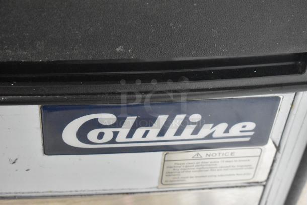 Coldline ICE80-HA stainless steel undercounter ice machine, 115V, 1 Phase. Minimal wear, visible logo and usage notice.