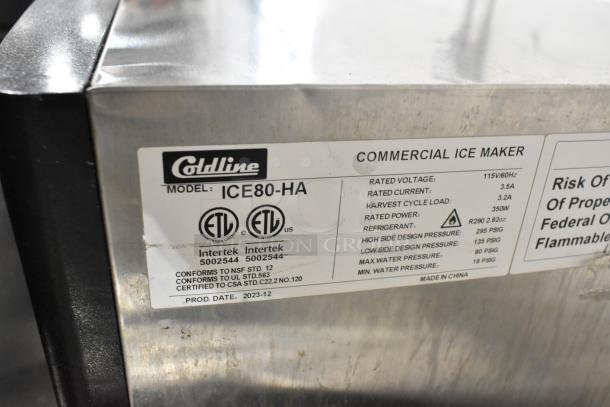 2023 Coldline ICE80-HA stainless steel undercounter ice machine, 115V, 1 phase; features ETL certification label.
