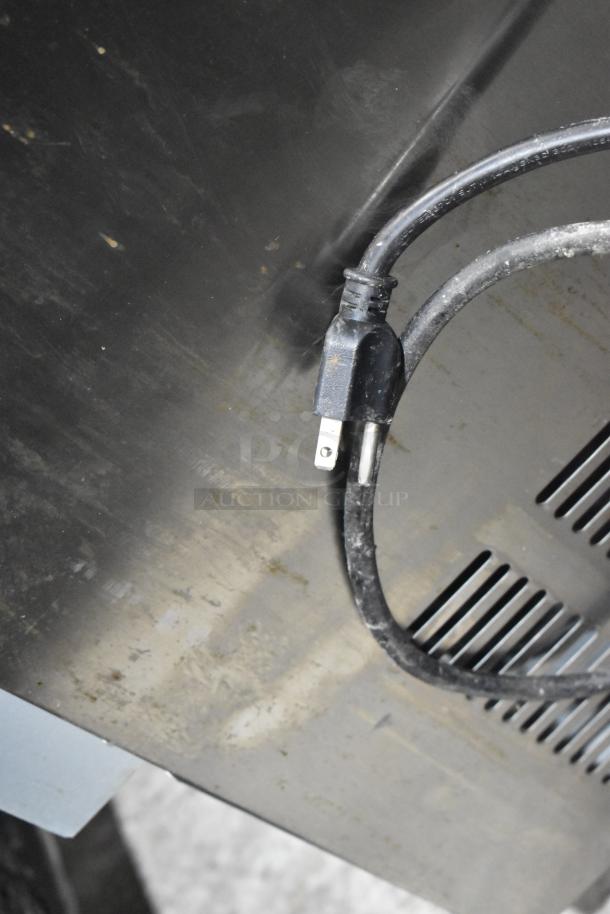 2018 Leader ESLB36SC stainless steel undercounter cooler with commercial casters, 115V, 1 phase, visible power cord.