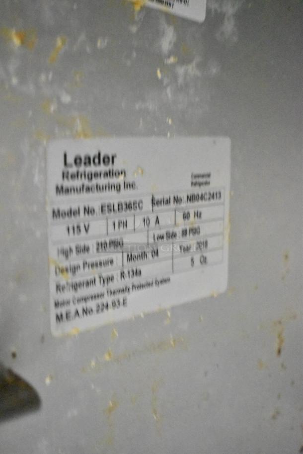 2018 Leader ESLB36SC 2 Door Undercounter Cooler, stainless steel, on casters, 115V, 1 Phase, model tag shown.