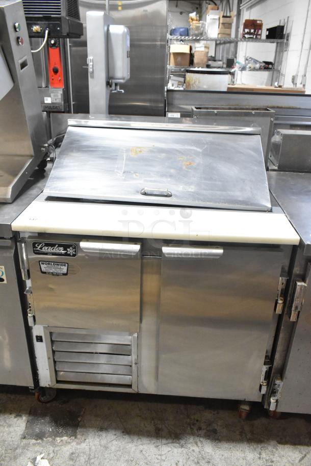 Leader LM36 S/C stainless steel commercial sandwich salad prep table with Bain Marie Mega Top. Mounted on commercial casters.