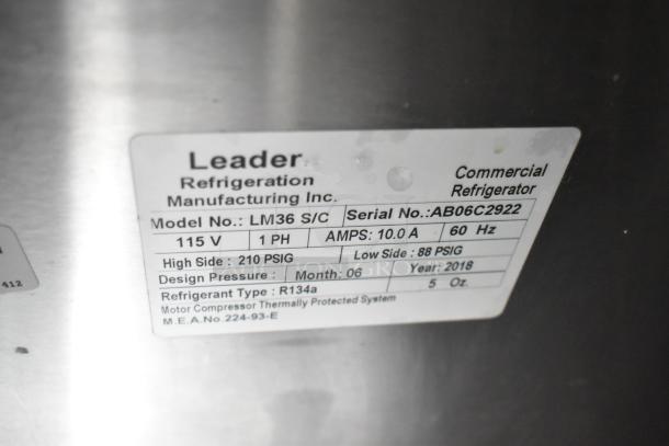 Leader LM36 S/C stainless steel prep table label. Details voltage, phase, amps, refrigerant type, and design pressure.