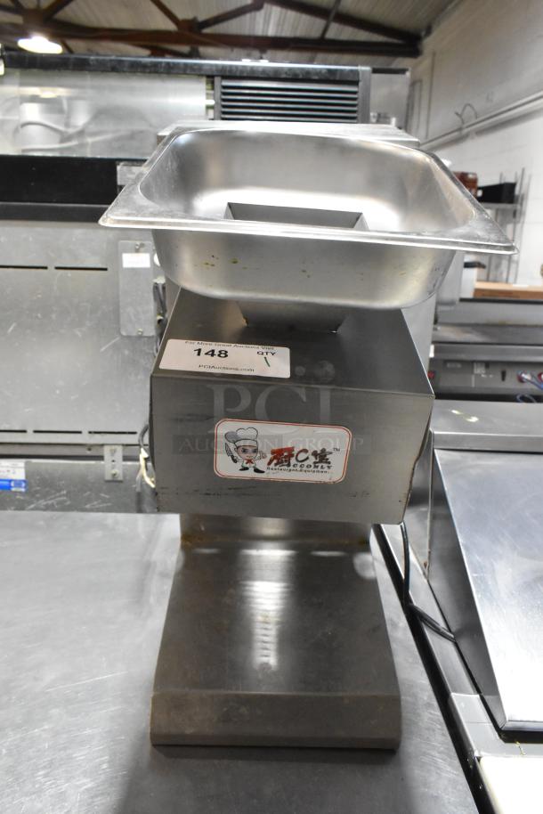 MS-02 Metal Commercial Countertop Meat Slicer, model MS-02, 110 Volts, 1 Phase. Features manufacturer's label.