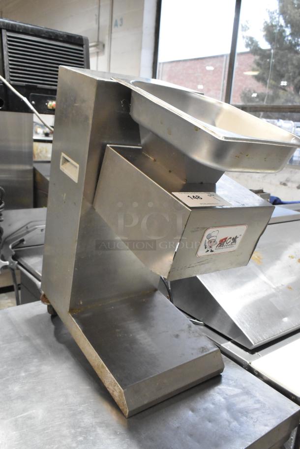 MS-02 Metal Commercial Meat Slicer, 110V, 1 Phase. Stainless steel, countertop model. Features logo and tag. Used condition.