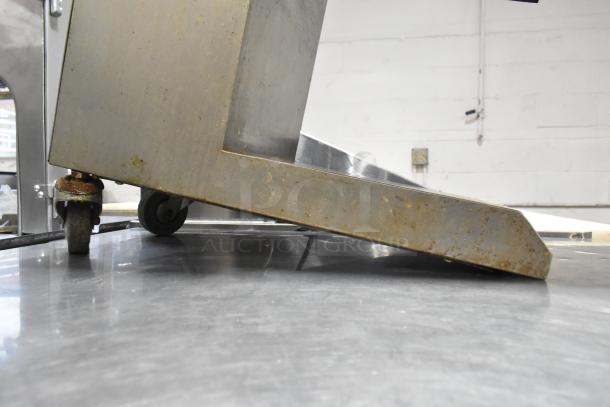 MS-02 Metal Commercial Meat Slicer base showing caster wheels and stainless steel construction, model MS-02.