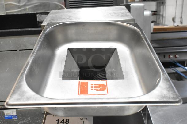 MS-02 Metal Commercial Meat Slicer, Model MS-02, 110V, 1 Phase. Features a stainless steel countertop design and safety label.