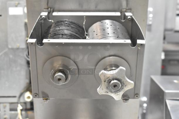 MS-02 Metal Commercial Meat Slicer, countertop model, 110V, 1 Phase. Features stainless steel blades and adjustable settings.