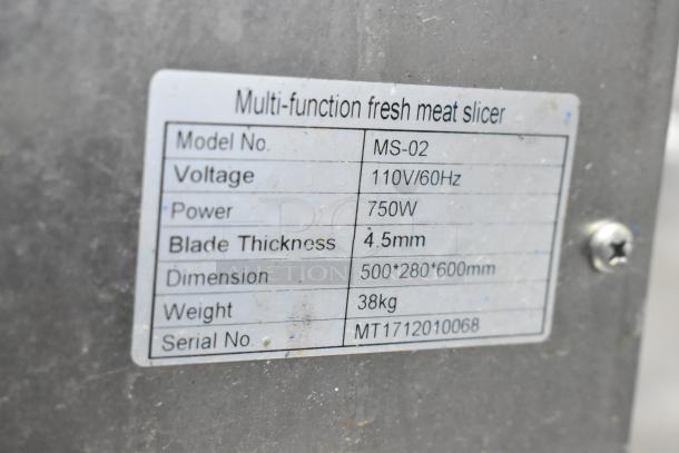 MS-02 Metal Commercial Meat Slicer label, 110V, 750W, blade thickness 4.5mm, dimensions 500x280x600mm, weight 38kg.
