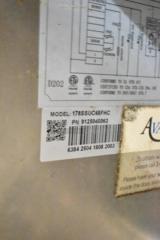 Avantco stainless steel undercounter freezer model 178SSUC48FHC label, showing model, PN 9125040063, and 115 volts, 1 phase.