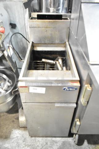 Atosa ATFS-40 stainless steel propane gas deep fryer, floor style, 90,000 BTU, visible wear, model label visible.