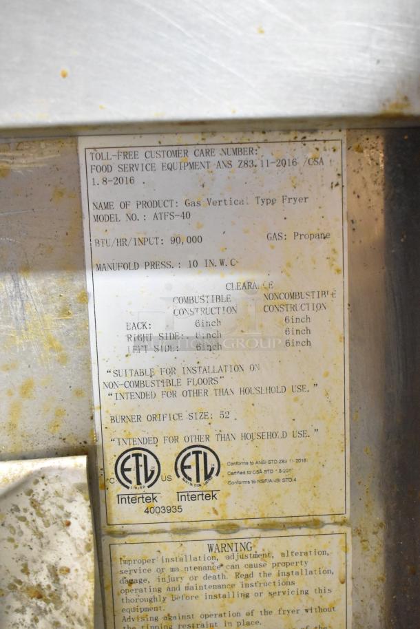 Atosa ATFS-40 Stainless Steel Propane Deep Fat Fryer, 90,000 BTU, commercial use, ETL certified label visible.