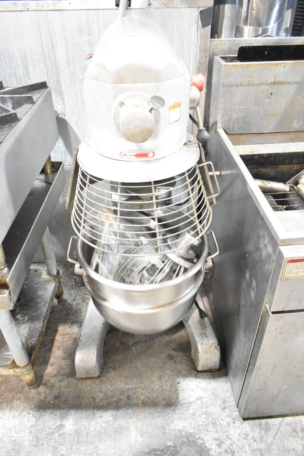 Skyfood metal commercial planetary dough mixer, stainless steel, with bowl, bowl guard, dough hook, paddle, whisk.