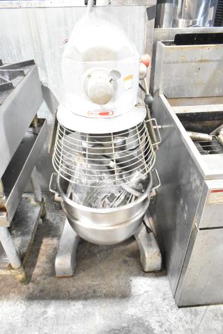 Skyfood metal commercial planetary dough mixer, stainless steel, with bowl, bowl guard, dough hook, paddle, whisk.
