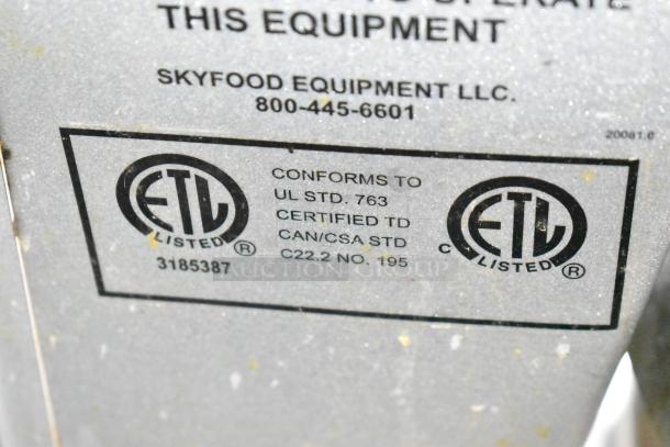 Skyfood commercial dough mixer certification label, showing ETL and CAN/CSA standards compliance.