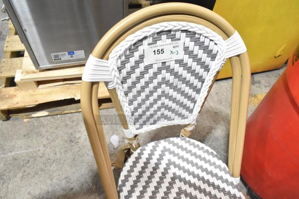 Set of three brand new wicker-style chairs, white and gray chevron pattern. Marked as “Scratch and Dent.” Quantity tag: 3.