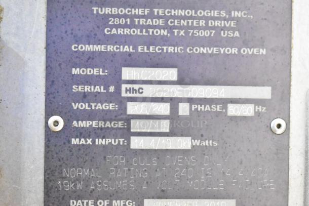 Turbochef HhC2020 nameplate; shows model, serial number, 208/240 volts, 3-phase, 40/46 amp, manufacturing details.