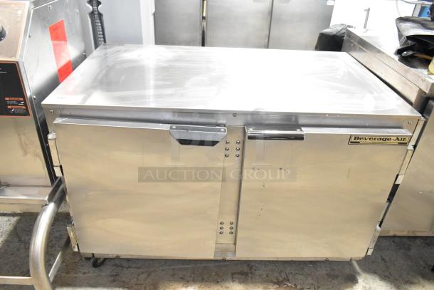 Beverage Air UCR48A stainless steel 2-door undercounter cooler on casters, 115V, commercial use, visible brand label.