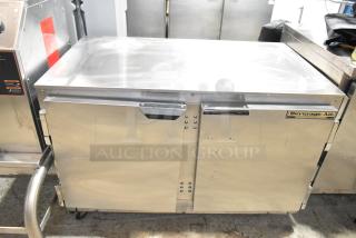 Beverage Air UCR48A stainless steel 2-door undercounter cooler on casters, 115V, commercial use, visible brand label.