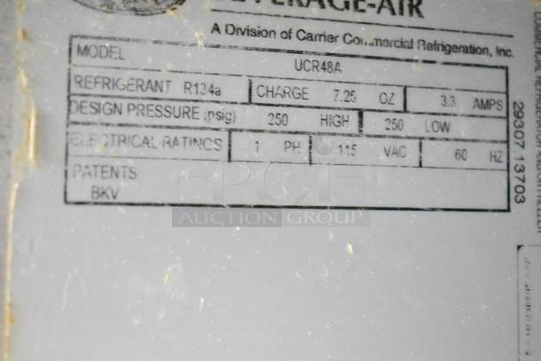 Beverage Air UCR48A label shows refrigerant R134a, 115V, 1 phase, 7.25 oz charge. Commercial undercounter cooler.