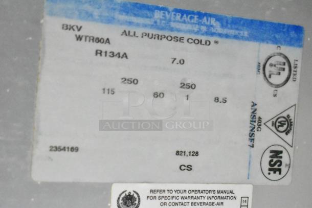 Beverage Air WTR60A cooler tag showing model, 115V, R134A refrigerant, UL and NSF certifications.