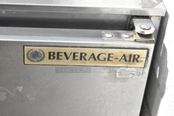 Beverage Air UCR48A stainless steel undercounter cooler, two doors, on casters, 115V, 1 phase, brand label visible.