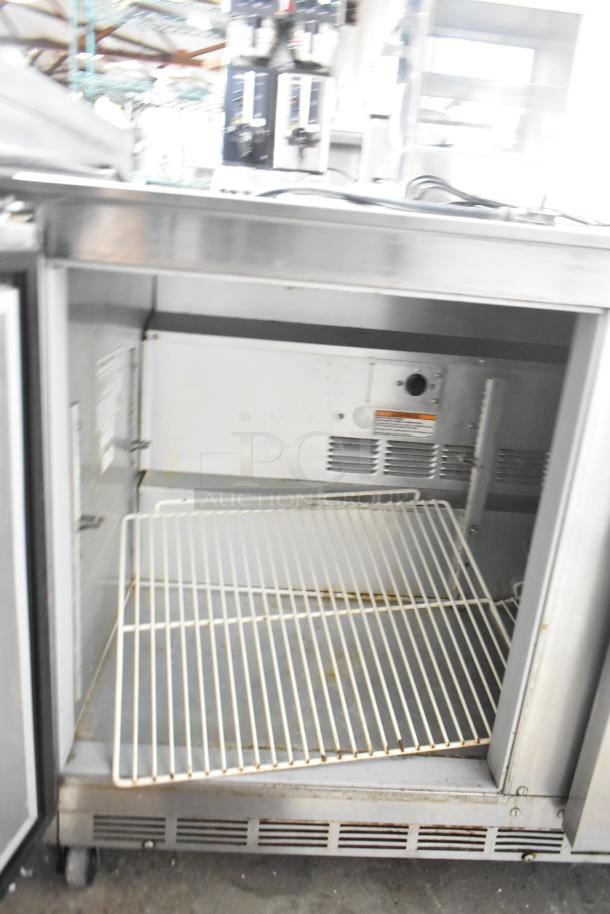 Beverage Air UCR48A stainless steel 2-door undercounter cooler, on commercial casters, 115V, 1 phase, open door view.