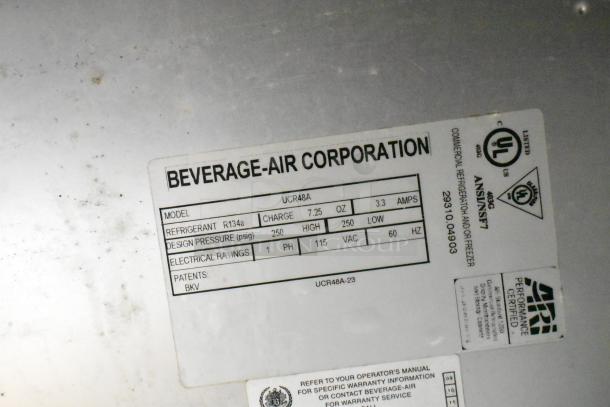 Beverage Air UCR48A stainless steel cooler label showing model, refrigerant type, design pressure, and UL certification.