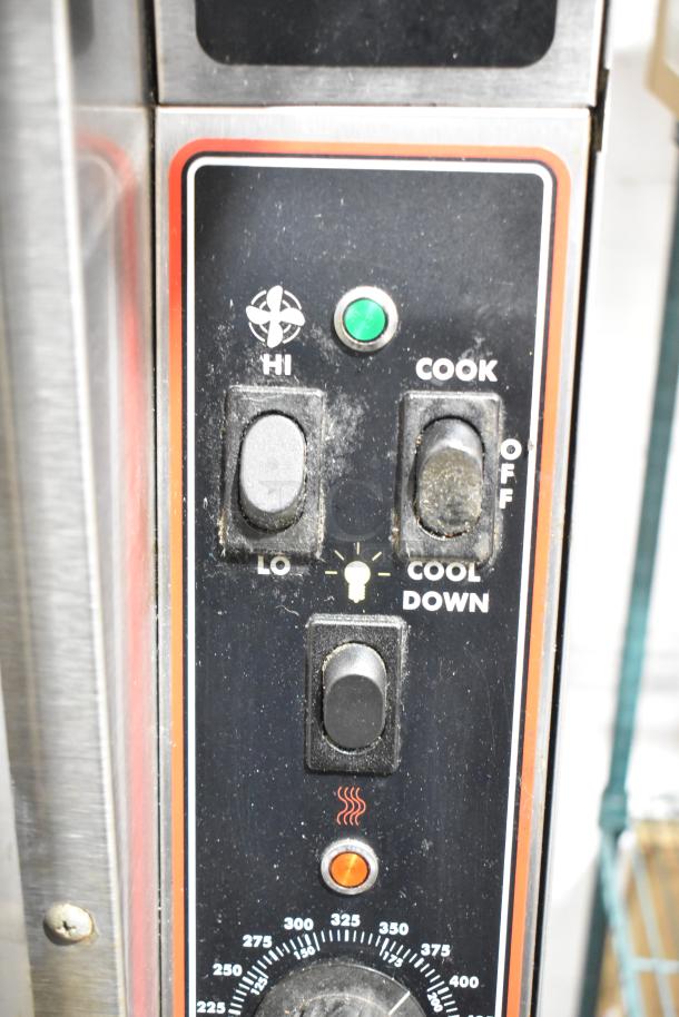 Control panel of Garland Master 200 stainless steel convection oven. Features include cook settings, thermostatic controls.