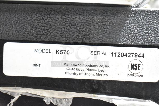 2018 Koolaire ice machine on Manitowoc K570 bin. Label shows Model K570, Serial 1120427944, NSF-certified. Made in Mexico.