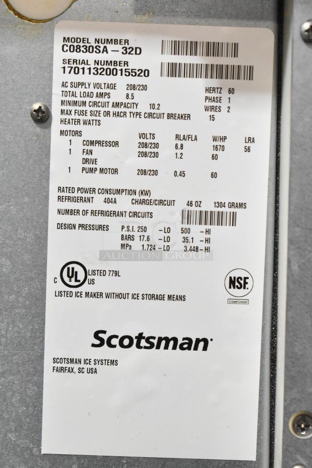 Stainless steel Scotsman C0830SA-32D ice machine head on BH800S-C bin; 208/230V, 1 phase; UL and NSF certified.