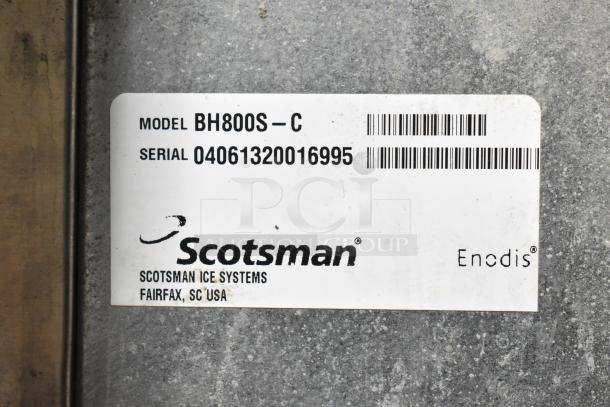 2017 Scotsman commercial ice machine model BH800S-C label showing model, serial number, and brand details.