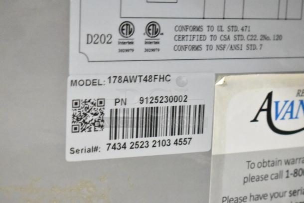Avantco 178AWT48FHC stainless steel commercial 2-door worktop freezer label showing model, serial number, and certifications.