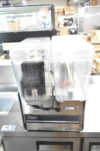 Omega OSD20 Metal Commercial Refrigerated Beverage Machine, 2 hopper, 120V, clean condition, clear hoppers, Omega branding.