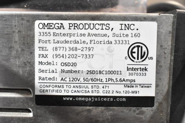 Omega OSD20 refrigerated beverage machine label showing model, voltage, serial number, and compliance certifications.