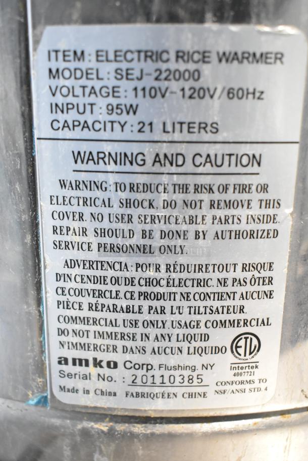 2 stainless steel countertop electric rice warmers with Thundergroup SEJ-22000 and Zojirushi THA-803S, 120V, 1 phase.