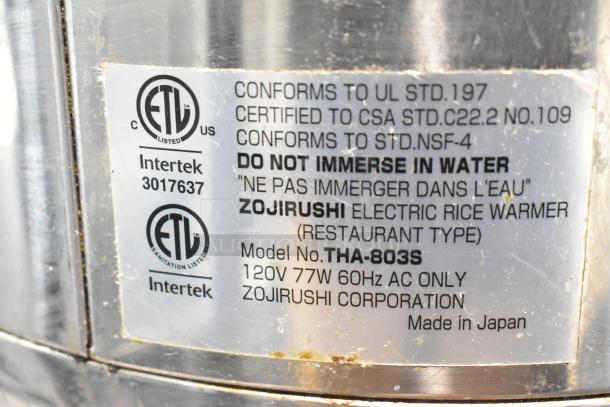 2 stainless steel electric rice warmers: Thundergroup SEJ-22000, Zojirushi THA-803S, 120V, 1 phase, restaurant type.