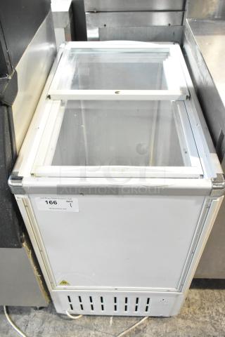 XS-160YX Metal Chest Merchandiser, glass top, 110V, 1 Phase. Visible wear, auction lot 166 label.
