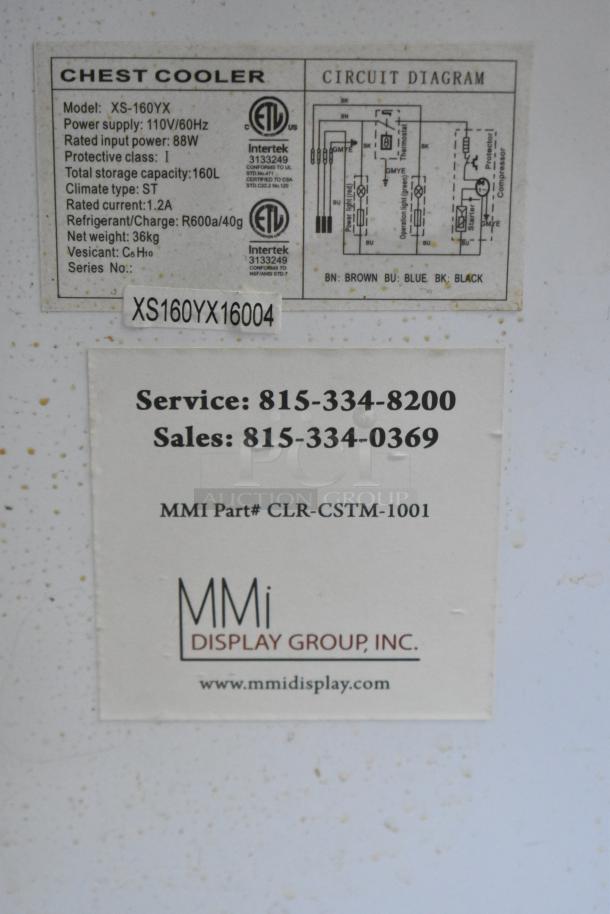 XS-160YX Metal Chest Merchandiser, 110V, 1 Phase, Model XS-160YX with circuit diagram and MMI Display Group contact info.
