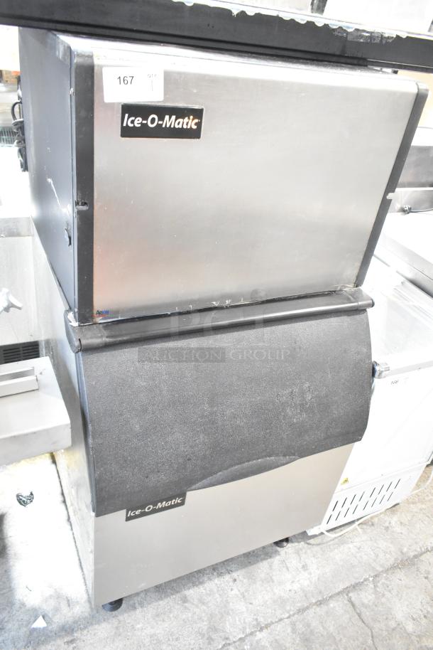 Ice-O-Matic ICE0400FW4 stainless steel commercial ice machine with Ice-O-Matic B40PSB bin. 115 volts, 1 phase.