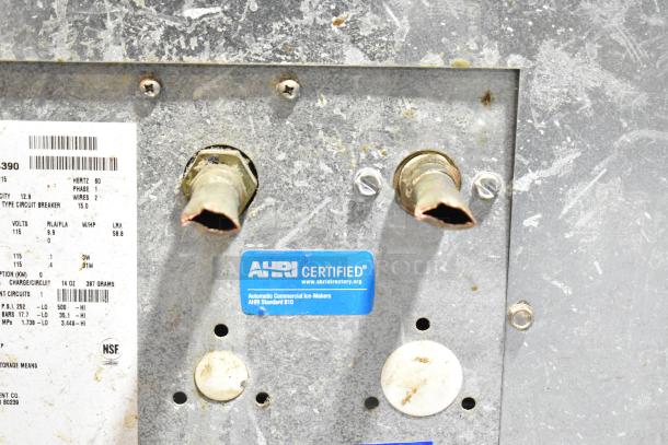 Ice-O-Matic ICE0400FW4 commercial ice machine back panel, showing wiring details and AHRI certification label.