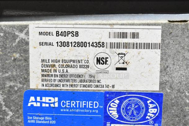 Ice-O-Matic B40PSB label showing model number, serial number, NSF certification, and energy efficiency details.