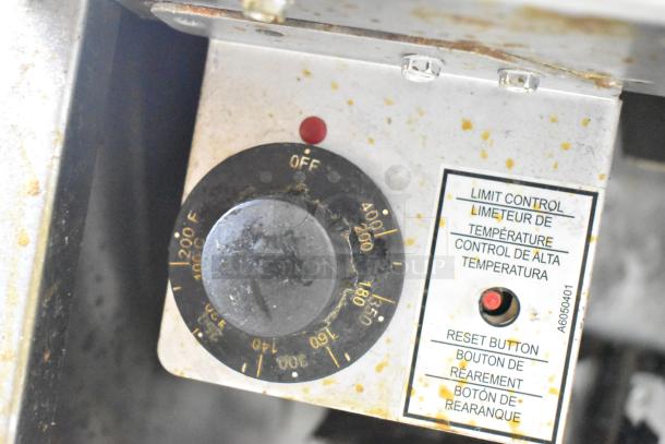 2018 Pitco Frialator SG14 fryer control knob and temperature limit label, stainless steel, natural gas, 110,000 BTU.