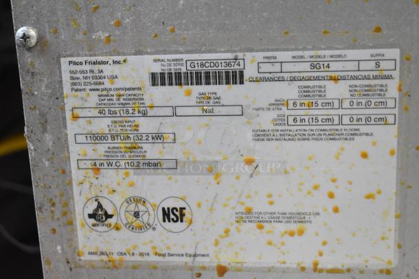 2018 Pitco Frialator SG14 deep fryer label showing model, serial number G18CD013674, 110,000 BTU, and natural gas use.