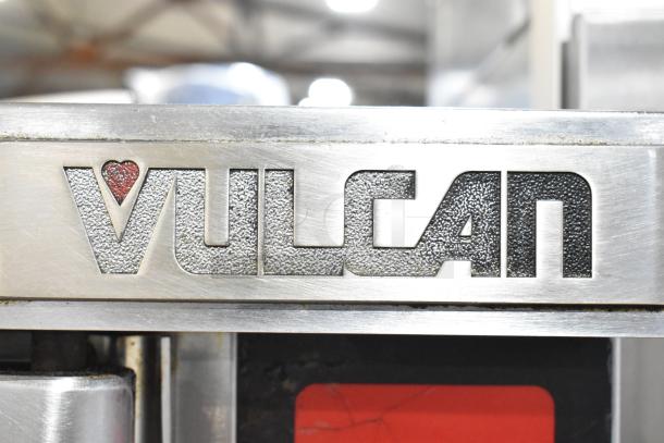 Vulcan logo on stainless steel with textured lettering and heart detail, related to model VC4GD-11D350K convection ovens.