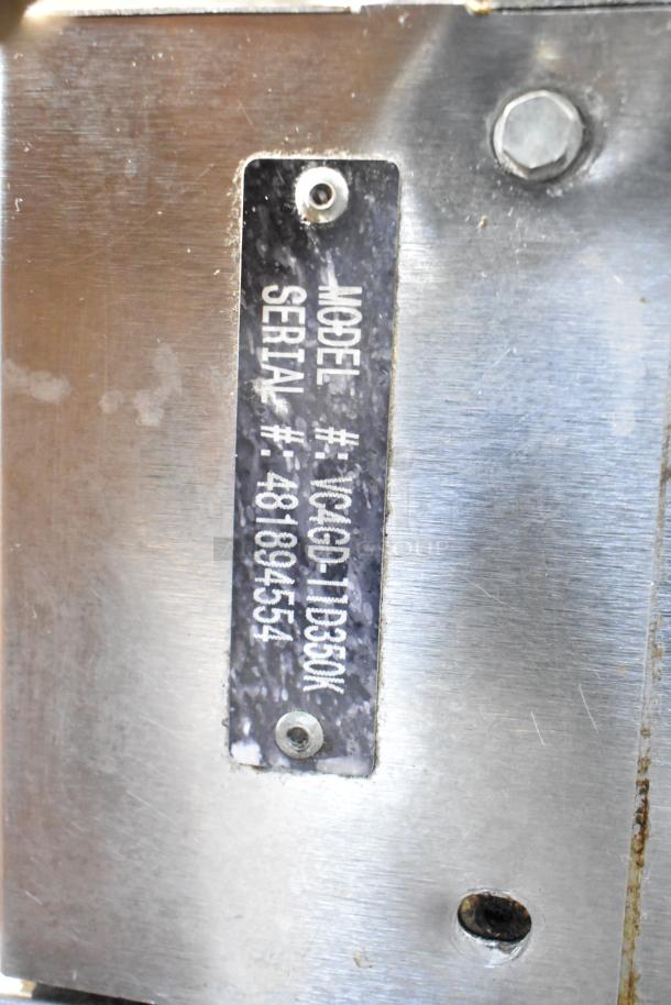 Vulcan VC4GD-11D350K model plate on stainless steel convection oven, showing model and serial numbers.