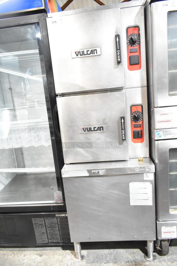 Vulcan stainless steel commercial floor 2 deck steam cabinet with controls, used; model tags indicate Vulcan brand.