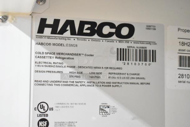 Label for Habco ESM28 cooler, detailing model, serial number, 115V/1 phase, refrigerant type, and safety certifications.