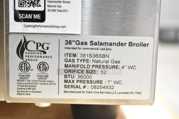 BRAND NEW 2025 Cooking Performance Group S-36-SB-N Stainless Steel 34" Natural Gas Salamander Broiler, 36,000 BTU.