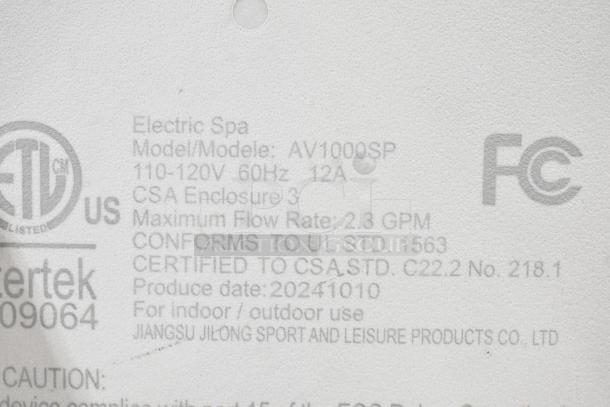 Label of Avenli AV1000SP Inflatable Hot Tub, 120 Volts, Model: 351S36SBN. Certifications and specs visible.
